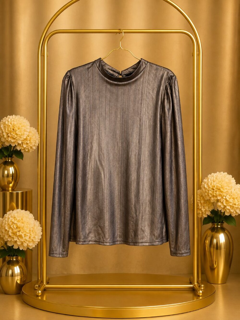 Metallic Bronze Shimmer Blouse Puff Sleeve Evening Statement Top L Alice Blue